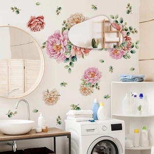 Pink floral wall stickers with watercolor peonies and leaves for kids room and home decor