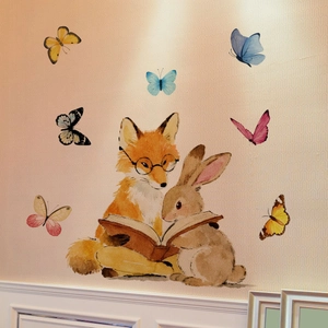 Adesivi murali animali acquerello con volpe, coniglio e farfalle per camera dei bambini