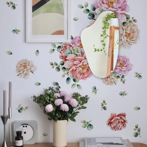 Watercolor Pink Peony Flower Leaves Wall Sticker Set With Irregular Acrylic Mirror Decorative Self-Adhesive PVC Home Decals