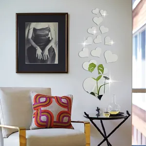 Modern heart shaped mirror wall stickers for living room decor with high reflection