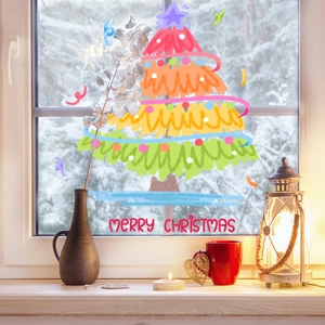 Colorful hand-drawn Christmas tree window decals with Merry Christmas text on glass