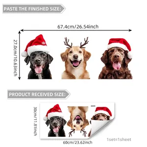 Christmas dog window decals with Santa hats and reindeer antlers for holiday glass decor