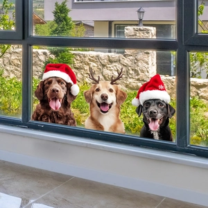 Christmas dog window clings featuring Labrador and Golden Retriever with Santa hats