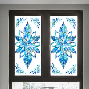 Blue Floral Stained Glass Window Sticker PVC Double Sided Visible Mosaic Art Privacy Film For Home Office