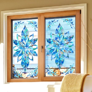 Artistic blue floral mosaic window decals with double-sided visual decorative patterns