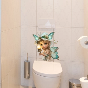 Détail d'un autocollant fée lumineuse verte avec lanterne sur carrelage de salle de bain