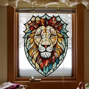 Pegatina de león para ventana en estilo vitral con forma de escudo y diseño translúcido