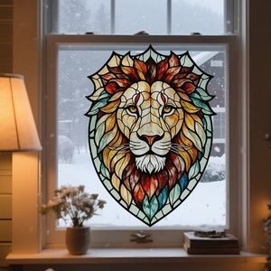 Pegatina artística de león para ventana en estilo de vidriera de colores vibrantes