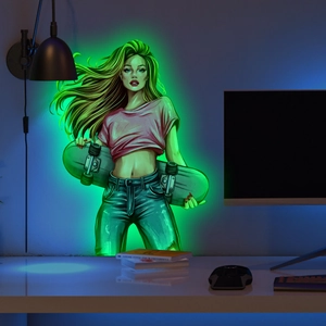 Sticker mural néon vert fille skate pour une déco de chambre et salle de jeux stylée