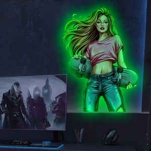 Sticker mural fille skateuse effet néon vert brillant dans un décor de salle de jeux