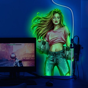 Enseigne néon verte lumineuse avec design de skateuse pour décoration de chambre moderne