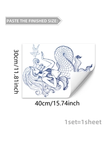 Detailed sheet of blue hand-drawn mermaid and goldfish window stickers measuring 30x40cm