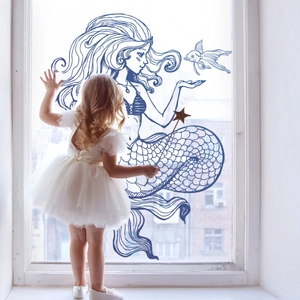 Blue mermaid window sticker with hand-drawn lines for creative glass decoration