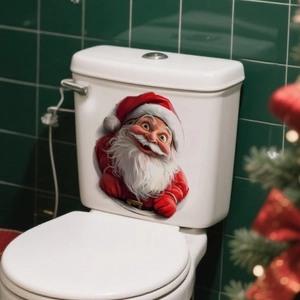 3D Santa Claus Christmas toilet sticker on white tank with festive background decor