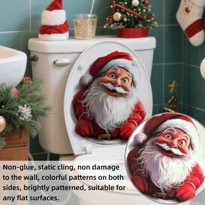 Macro detail of 3D Santa Claus static cling decal on a white toilet lid for Christmas