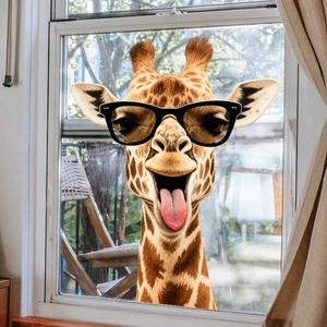 Adesivo per vetri a forma di giraffa buffa con occhiali e lingua per decorazione