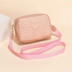 Women Chevron Quilted PU Leather Crossbody Camera Bag With Heart Embroidery Fashion Wide Webbed Strap Minimalist Daily Shoulder Bag