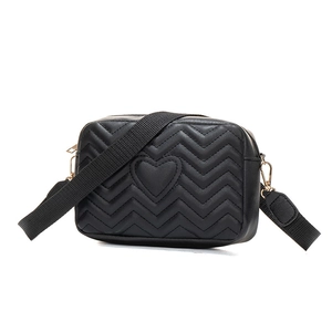 Black crossbody camera bag with V-quilted faux leather and heart embroidery pattern