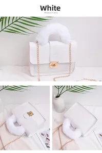 Detailed views of a white faux fur handle handbag with gold chain and clasp closure