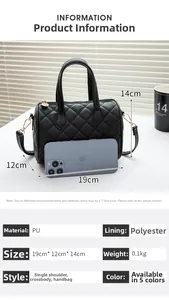 Size chart showing 19x12x14cm dimensions of the black quilted PU leather pillow bag