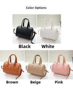 Quilted mini Boston handbags in black, white, brown, apricot, and pink with straps