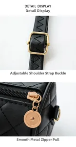 Detail display of adjustable strap buckle and smooth golden zipper on black quilted bag