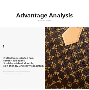 Detail showing printed faux leather texture and clover monogram pattern with fine stitching