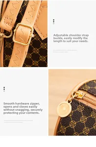 Detail of adjustable leather strap and smooth golden metal zipper on printed crossbody bag