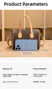 Detail view of printed plaid Boston bag showing dimensions 19.5x12x13cm and light weight