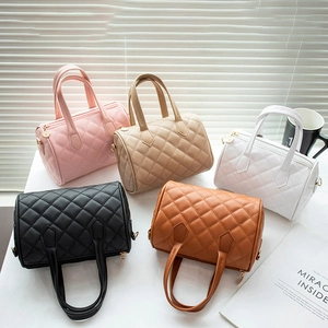 Diamond quilted Boston handbags set in black, brown, beige, white, and pink leather