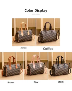 Collection of printed Boston barrel bags in apricot, coffee, brown, pink and black