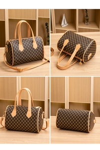 Detailed views of a brown cylinder pillow bag with geometric prints and gold hardware