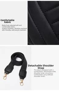Detail of black quilted leather texture and detachable wide nylon shoulder strap with gold clips