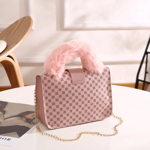 Pink printed square crossbody bag with faux fur handle and golden chain strap