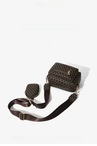 Detailed top view of retro crossbody camera bag with geometric pattern and coin purse