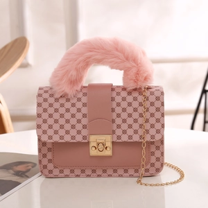 Pink printed crossbody bag with faux fur handle and golden chain strap for women