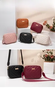 Detailed view of quilted camera bags in brown, burgundy, pink, black, and beige colors