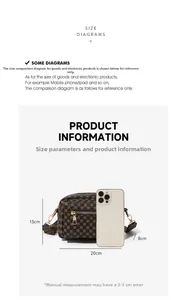 Detailed size chart of crossbody bag showing 20x13x8 cm dimensions and scale with phone
