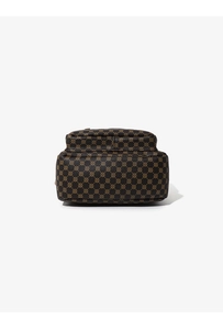 Detailed bottom view of brown crossbody bag with retro polka dot pattern and sturdy zipper