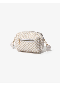 Detail of white camera bag with gold circle patterns and metal zippers on a white background