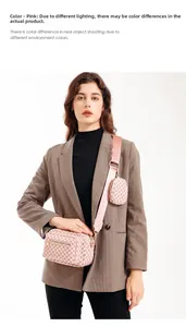 Pink crossbody camera bag with retro dot pattern, wide strap, and matching coin purse