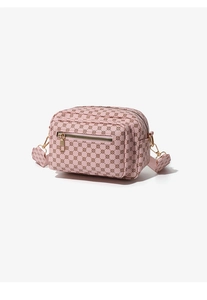 Pink crossbody camera bag with geometric pattern and dual zipper compartment detail