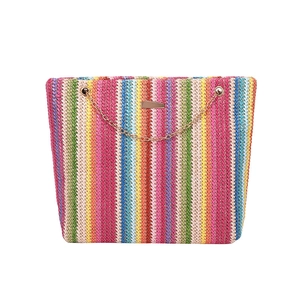 Bolso tote de paja arcoíris para verano con rayas de colores y cadena dorada