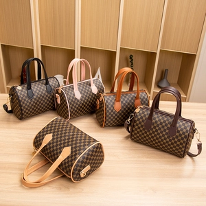 Fashion PU Leather Boston Bag for Women Vintage Monogram Printed Rhombic Quilted Shoulder Crossbody Bag Handbag for Daily