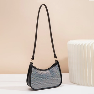 Borsa hobo scintillante con strass argento, cinturino nero e cerniera dorata elegante