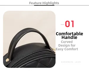 Detail of comfortable round handle and quilted black leather on a large capacity tote