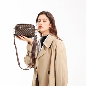 Brown geometric print crossbody bag with wide canvas strap and multi-pocket storage