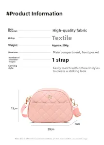 Pink quilted crossbody bag detail showing 20x15x7cm dimensions and floral ornament