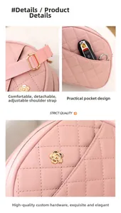 Pink quilted bag detail showing adjustable strap, gold flower hardware and side pocket