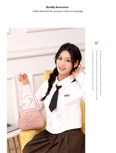 Pale pink quilted shell bag with gold logo shown held by a model in a preppy style outfit
